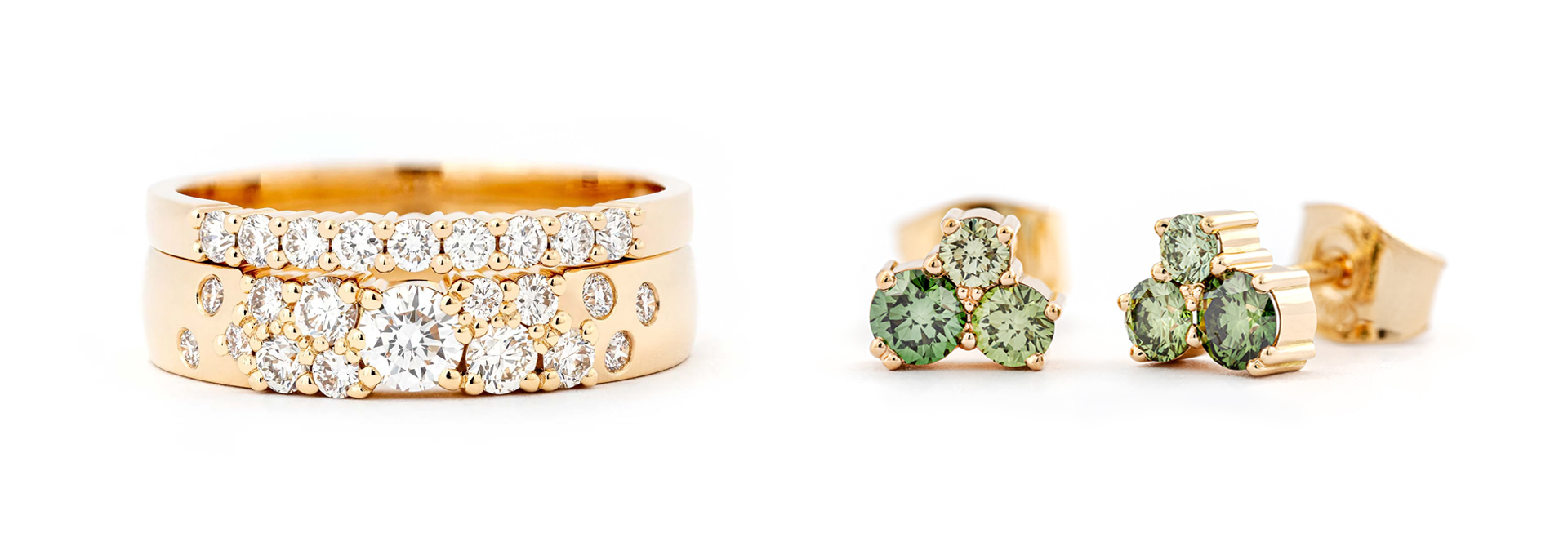 Keto Meadow, Ringar med vita diamanter och örhängen med gröna diamanter, design Jussi Louesalmi, Au3 Goldmiths